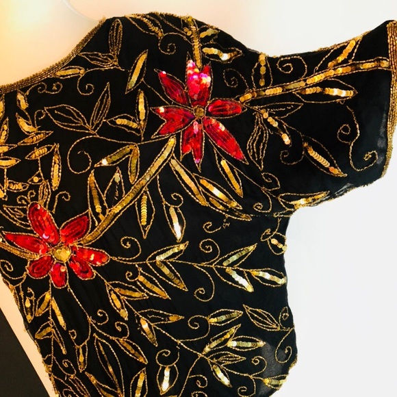 Vintage Floral Sequin Silk Retro Top M - Picture 6 of 6